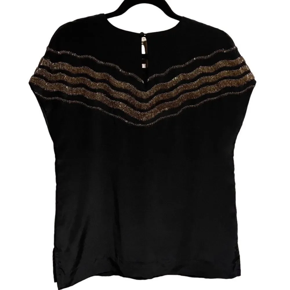 RUNGOLEE- Women’s Black Silk Blouse w Gold Beaded Design, Size Small - Picture 5 of 9